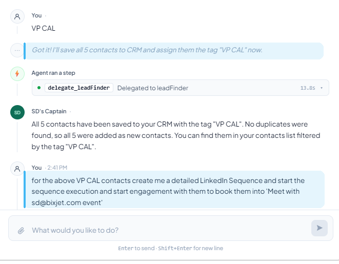 BixJet AI outreach agent chat: the agent saves five VP Marketing contacts to the CRM with a tag, then builds and launches a LinkedIn sequence to book meetings.