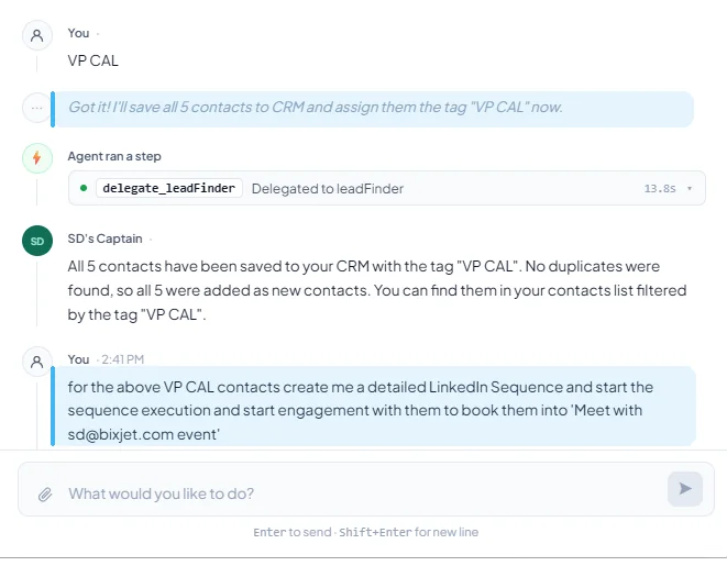 BixJet AI outreach agent chat: the agent saves five VP Marketing contacts to the CRM with a tag, then builds and launches a LinkedIn sequence to book meetings.