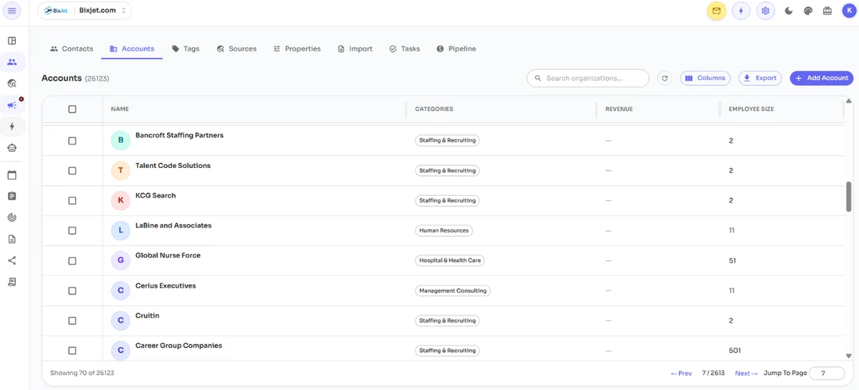 BixJet Accounts view listing 26,123 company accounts with categories and employee size