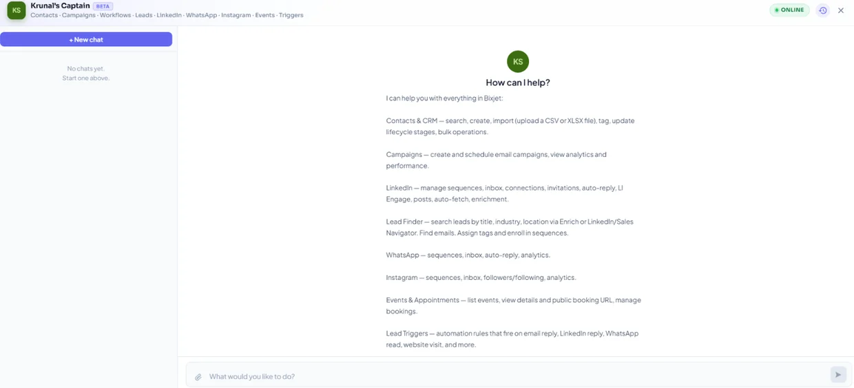 BixJet Captain AI agent chat handling lead finding, campaigns, LinkedIn and WhatsApp sequences from one prompt