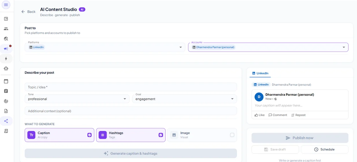 BixJet AI Content Studio generating a LinkedIn post caption, hashtags and image before publishing