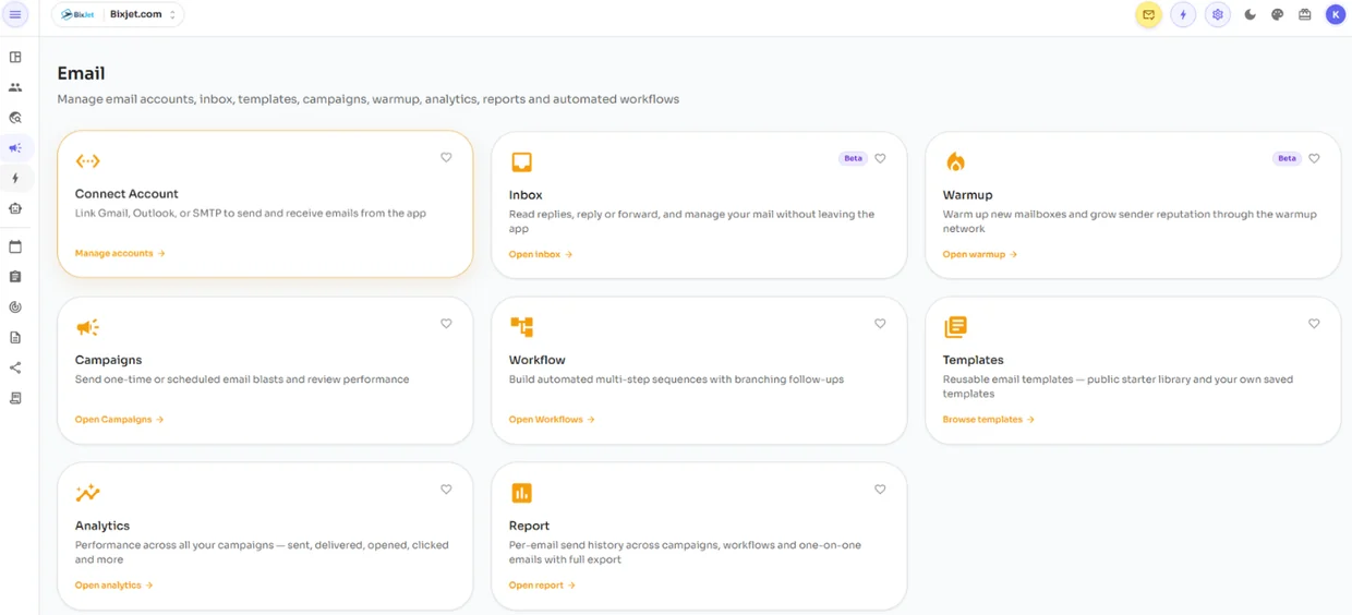 BixJet Email channel with connected accounts, inbox, warmup, campaigns, workflows and templates