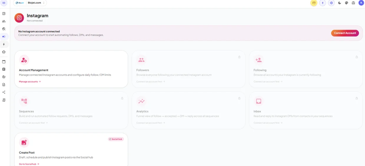 BixJet Instagram channel for automating follows, DMs and messages