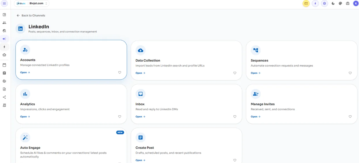 BixJet LinkedIn channel with accounts, sequences, inbox, auto engage and create post modules