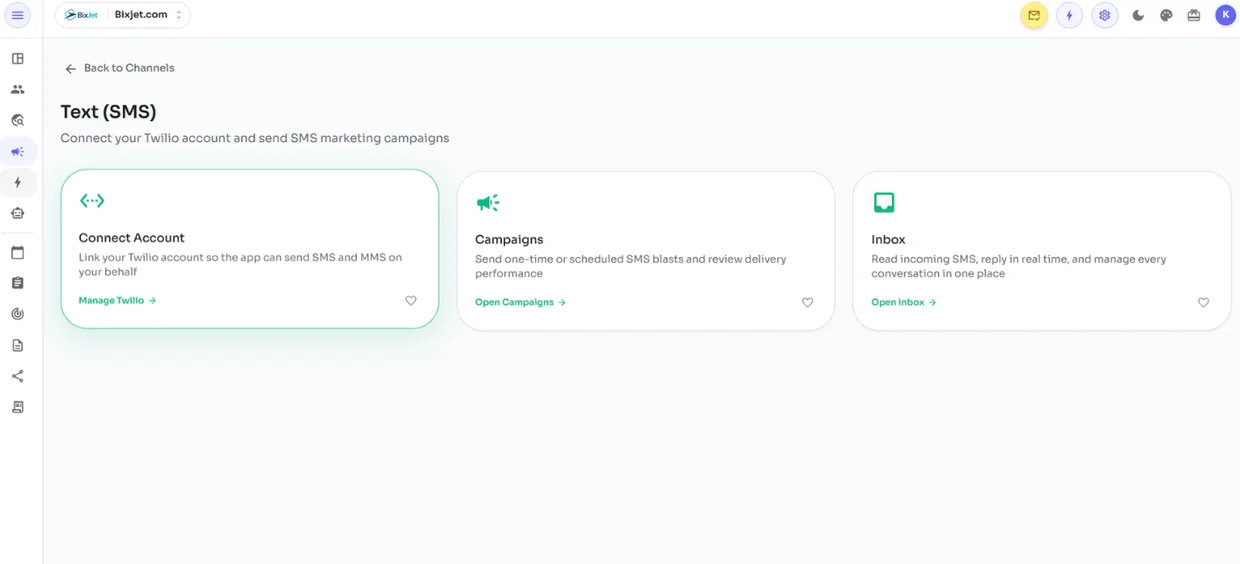 BixJet Text (SMS) channel connected to Twilio for SMS campaigns and two-way inbox
