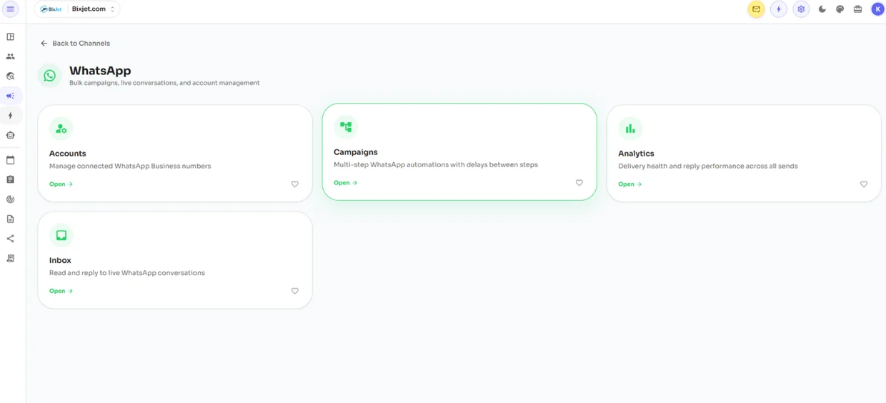 BixJet WhatsApp channel for bulk campaigns, live conversations and account management