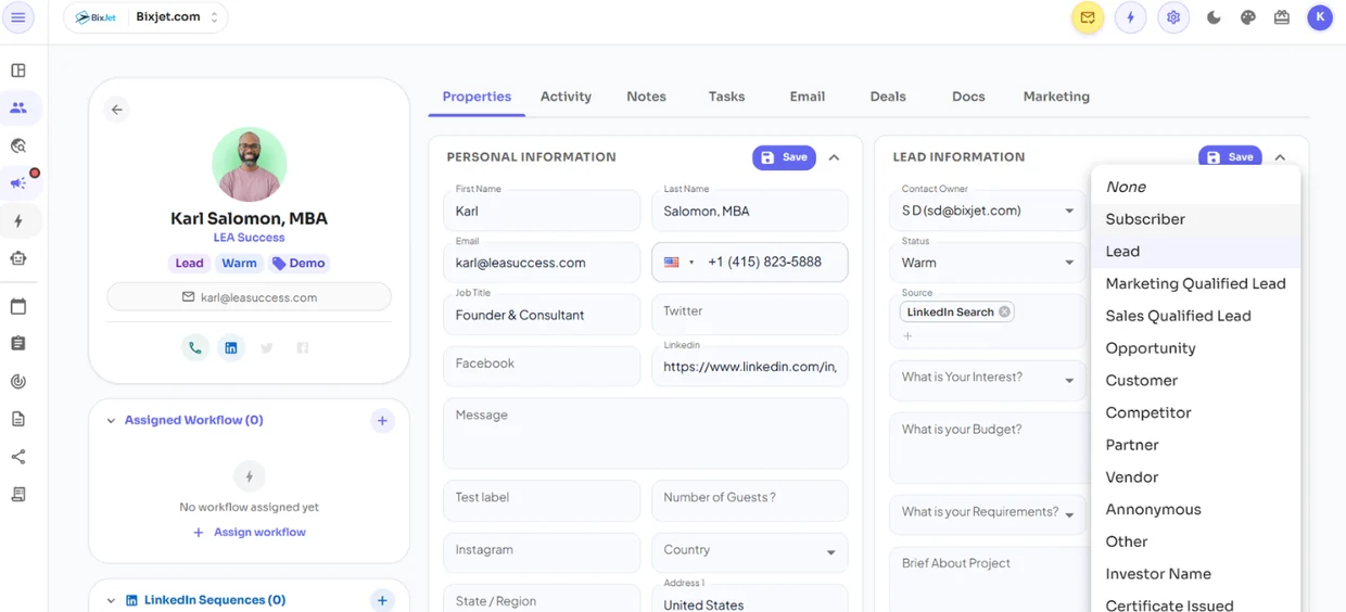 BixJet contact record with properties, activity, lead status and lifecycle stage options