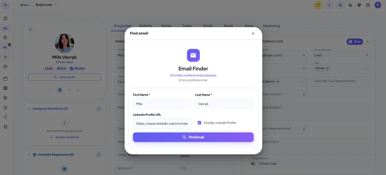 BixJet Find Email tool locating a verified work email from a name and LinkedIn profile