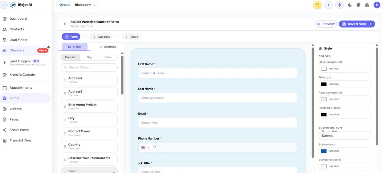 BixJet form builder creating a website contact form with fields, styling and share steps