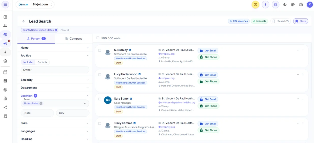 BixJet Lead Search filtering 500,000 leads by job title, seniority and location, with Get Email and Get Phone actions