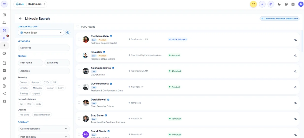 BixJet LinkedIn Search returning 1,000 matching profiles from a connected LinkedIn account