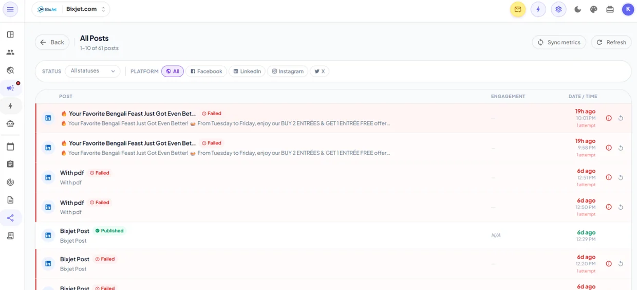 BixJet social scheduler listing planned and published posts across Facebook, LinkedIn, Instagram and X