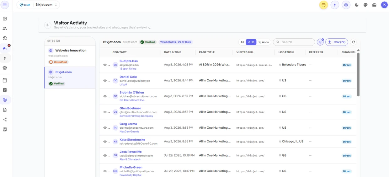 BixJet Visitor Activity dashboard showing which companies visited the site and the pages they viewed
